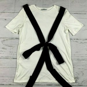 Zara Trafaluc Bow Back T Shirt White Black Ribbon Detail Size M